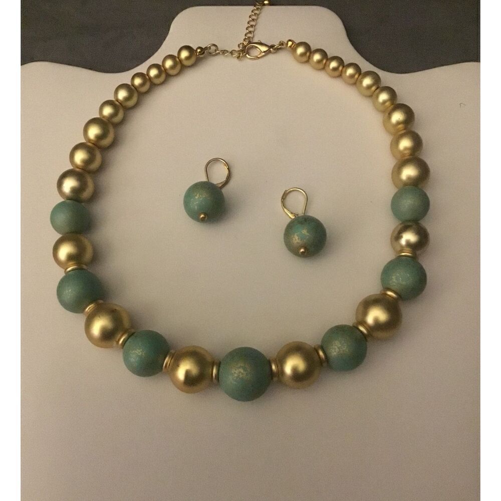 Turquoise Patina /Gold Ball Necklace Set